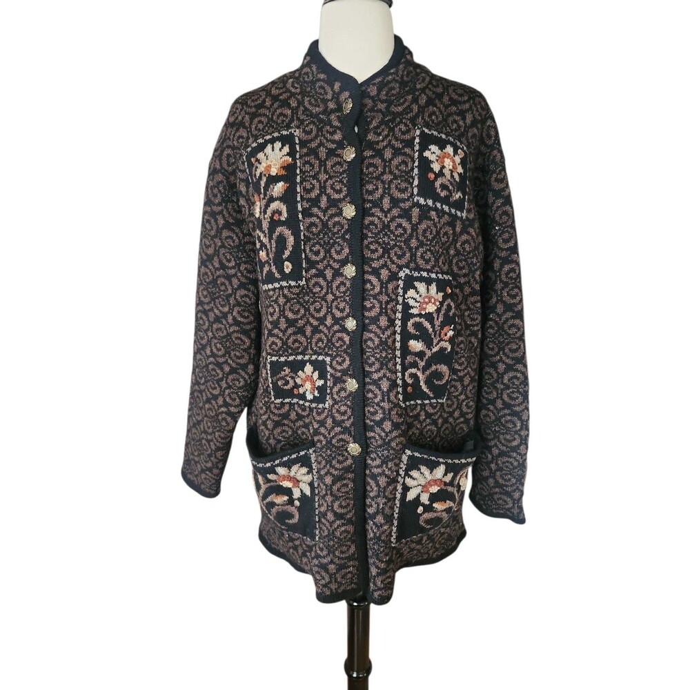 Coldwater Creek Shetland Wool Cardigan Sweater Womens Large Brown Cottage Floral